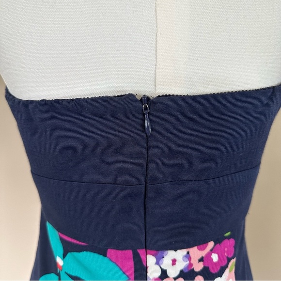 Trina Turk Navy Blue Floral Strapless Dress Women 4 Y2K Flower Hippie Fun Bold - Picture 7 of 9